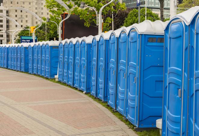 Seasonal porta potty units set up at a Providence, Rhode Island venue
